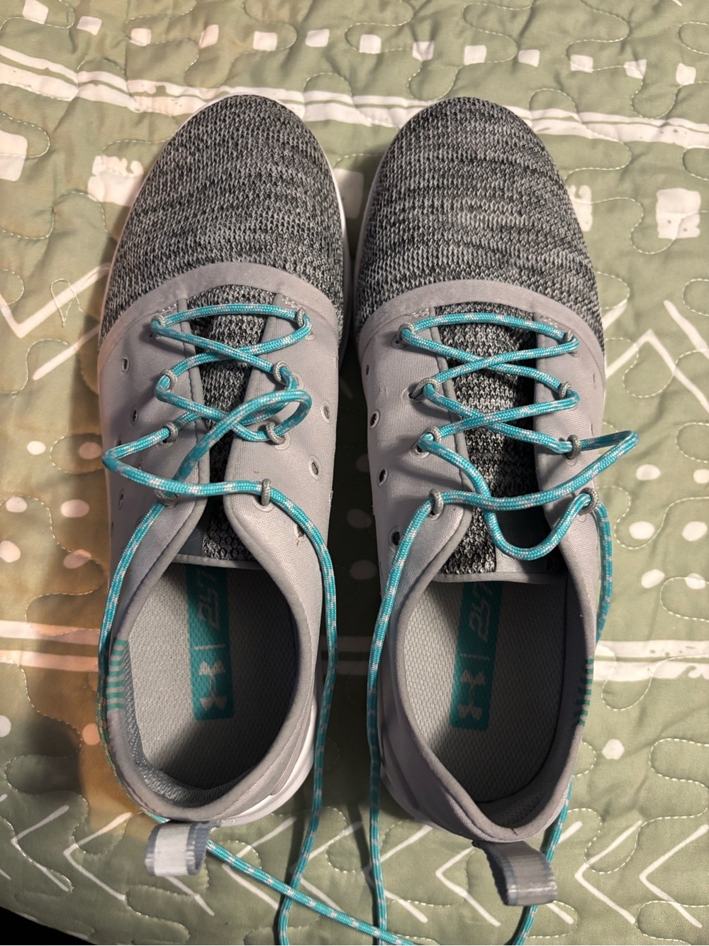 Under Armour Light Gray Knit Athletic Sneakers with Teal Laces